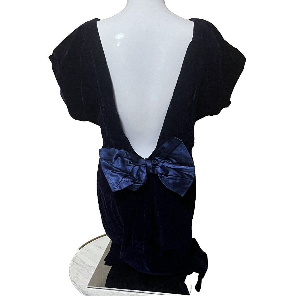 Ann Taylor Dress Vintage 80s Sheath Backless Low V Bow‎ Blue Velvet Cocktail 10